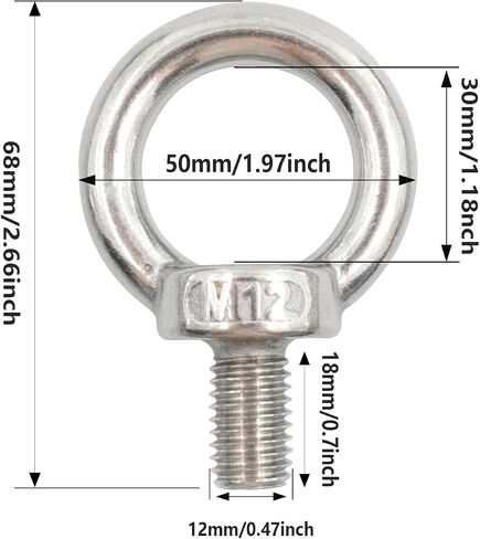 2PCS M12 Lifting Eye Bolt, Stainless Steel Male Thread Eye Bolts, Heavy Duty Screw Ring Shaped Eye Bolt in Saudi Arabia