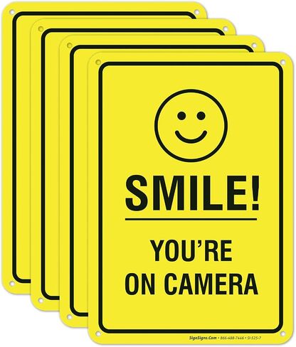 Smile You're on Camera Sign - (4 Pack) - Video Surveillance Sign | 10x7 Inches,Rust Free 0.40 Aluminum, Fade Resistant, Indoor/Outdoor Use, Made in USA by Sigo Signs in Saudi Arabia