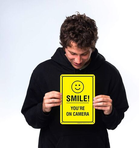 Smile You're on Camera Sign - (4 Pack) - Video Surveillance Sign | 10x7 Inches,Rust Free 0.40 Aluminum, Fade Resistant, Indoor/Outdoor Use, Made in USA by Sigo Signs in Saudi Arabia