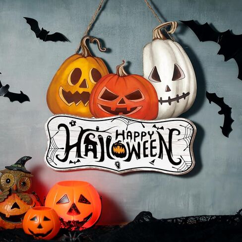 Barydat Halloween ترحيب علامة الباب الهيكل العظمي اليقطين الباب الأمامي إكليل ديكور ريفي معلق إكليل خشبي سيارة علامات في الهواء الطلق لمستلزمات حفلات الهالوين (اليقطين) in Saudi Arabia
