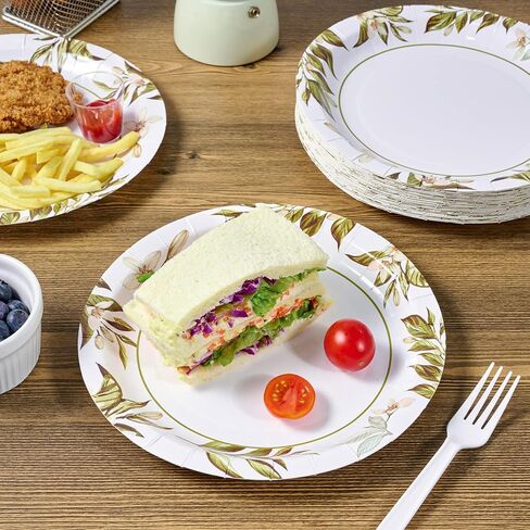 عبوة من 400 طبق ورقي مقاس 7 بوصة من Turbo Bee، أطباق ورقية للعشاء للاستعمال مرة واحدة، أطباق ورقية مستديرة مقاومة للنقع مع أوراق شجر، أطباق ورقية مقاومة للقطع للحفلات والاستخدام اليومي in Kuwait