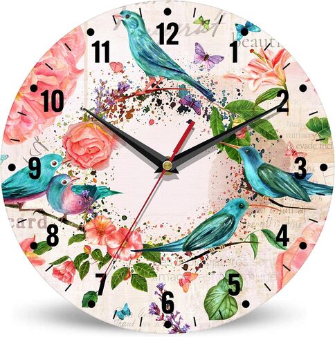 SPUNKER Clock for Bedroom,Retro Birds Flowers Wall Clocks,Red Roses Battery Operated Wall Clock Silent Non-Ticking Decorative for Home Kitchen Bathroom Living Room Bedroom Office 10 Inch in Saudi Arabia