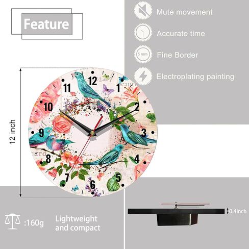 SPUNKER Clock for Bedroom,Retro Birds Flowers Wall Clocks,Red Roses Battery Operated Wall Clock Silent Non-Ticking Decorative for Home Kitchen Bathroom Living Room Bedroom Office 10 Inch in Saudi Arabia