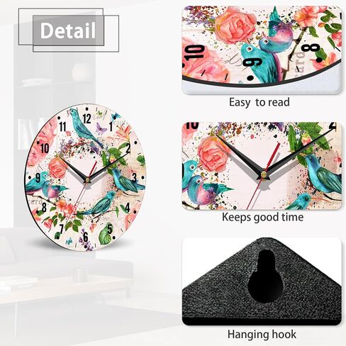 SPUNKER Clock for Bedroom,Retro Birds Flowers Wall Clocks,Red Roses Battery Operated Wall Clock Silent Non-Ticking Decorative for Home Kitchen Bathroom Living Room Bedroom Office 10 Inch in Saudi Arabia