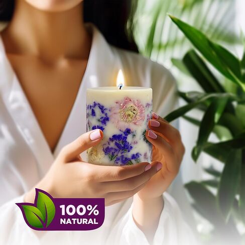 Tropical Rare Flower Scented Pillar Candle Gift for Women - Long Burning Natural Soy Wax Scented Candle for Home - Gift-Boxed Hand Poured Luxury Candle with Dried Flowers (Forget Me Not) in Saudi Arabia