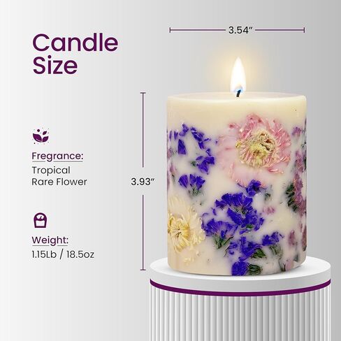 Tropical Rare Flower Scented Pillar Candle Gift for Women - Long Burning Natural Soy Wax Scented Candle for Home - Gift-Boxed Hand Poured Luxury Candle with Dried Flowers (Forget Me Not) in Saudi Arabia