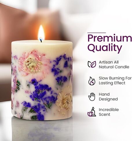 Tropical Rare Flower Scented Pillar Candle Gift for Women - Long Burning Natural Soy Wax Scented Candle for Home - Gift-Boxed Hand Poured Luxury Candle with Dried Flowers (Forget Me Not) in Saudi Arabia