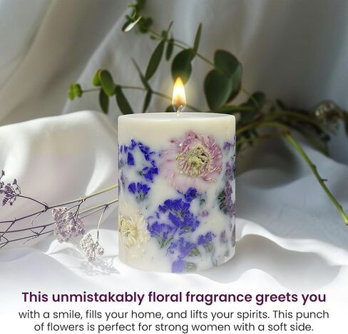 Tropical Rare Flower Scented Pillar Candle Gift for Women - Long Burning Natural Soy Wax Scented Candle for Home - Gift-Boxed Hand Poured Luxury Candle with Dried Flowers (Forget Me Not) in Saudi Arabia