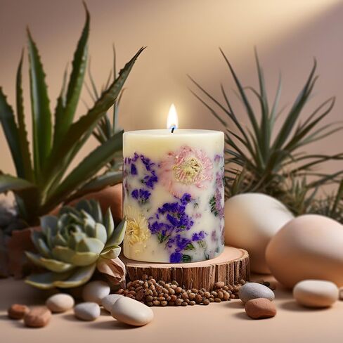 Tropical Rare Flower Scented Pillar Candle Gift for Women - Long Burning Natural Soy Wax Scented Candle for Home - Gift-Boxed Hand Poured Luxury Candle with Dried Flowers (Forget Me Not) in Saudi Arabia