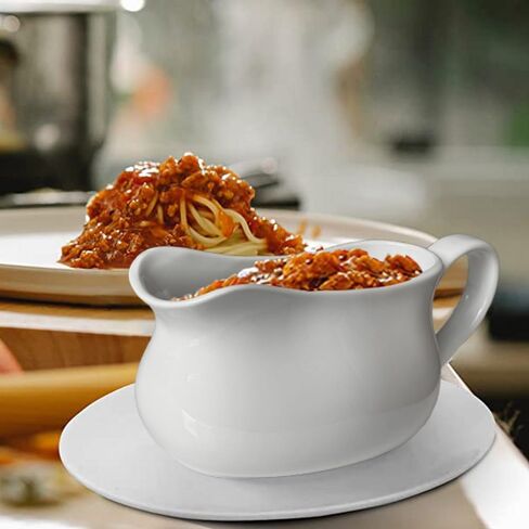 Qlans 17oz Gravy Boat with Saucer Stand, Set of 1, Ceramic Sauce Boat with Tray for Salad Dressings,ketchup， Creamer, Broth, Black Pepper, White in Saudi Arabia