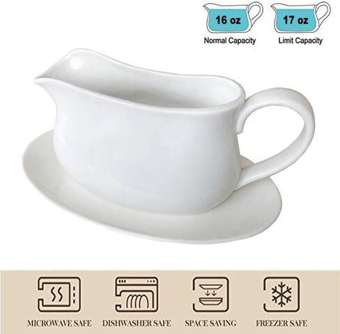 Qlans 17oz Gravy Boat with Saucer Stand, Set of 1, Ceramic Sauce Boat with Tray for Salad Dressings,ketchup， Creamer, Broth, Black Pepper, White in Saudi Arabia
