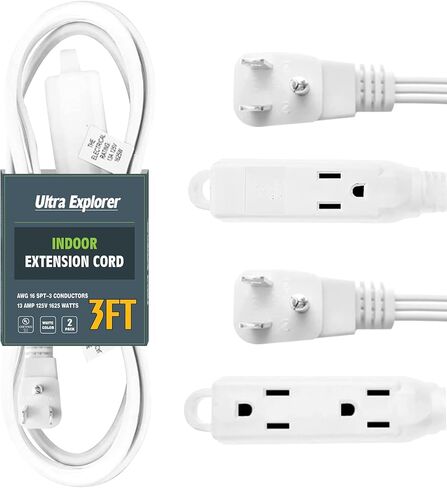 2 Pack 3 Ft Flat Extension Cord with Multiple Outlets, 16 AWG Black Extension Cord Flat Plug, 3 Outlet Extension Wire, 3 Prong Grounded Indoor Extension Cable in Kuwait
