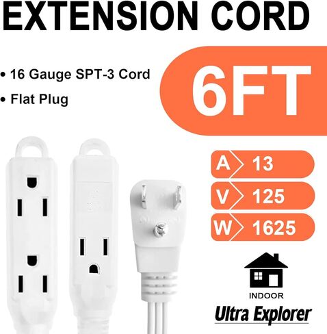 2 Pack 3 Ft Flat Extension Cord with Multiple Outlets, 16 AWG Black Extension Cord Flat Plug, 3 Outlet Extension Wire, 3 Prong Grounded Indoor Extension Cable in Kuwait