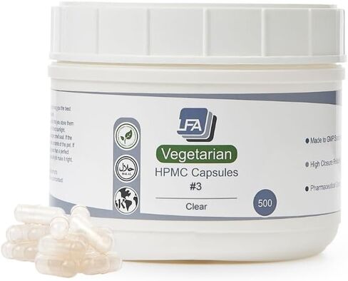 Empty Capsules Size 3 - Clear Vegan HPMC - 500 Count Jar - Fits Capsule Machine Filling Tray - Joined Vegetarian Caps Easy Snap for DIY Powder Supplement Pills - Certified Halal Kosher Hypromellose in Saudi Arabia