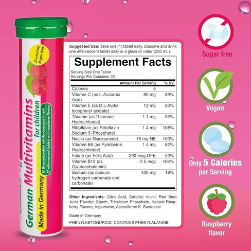T&D German Multivitamin for Children 60 Drink Effervescent Tablets - Sweet Raspberry Flavour, Sugar Free, Vegan - Vitamin C, E, B1, B2, B6, B12, Folic Acid, Niacin Pharma – Made in Germany in Saudi Arabia