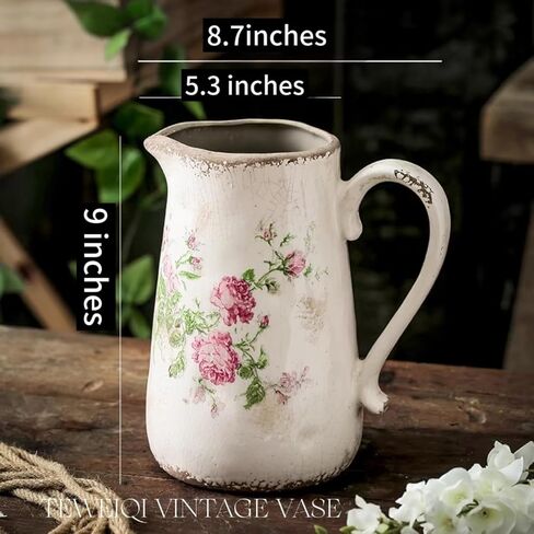 Ceramic Rustic Farmhouse Pitcher - Vase, Distressed Decorative Large Vase for Home Decor, Kitchen, Bedroom Office Living Room, Bathroom Coffee Table Centerpiece Decoration, Mantle & Shelf Decor in Kuwait
