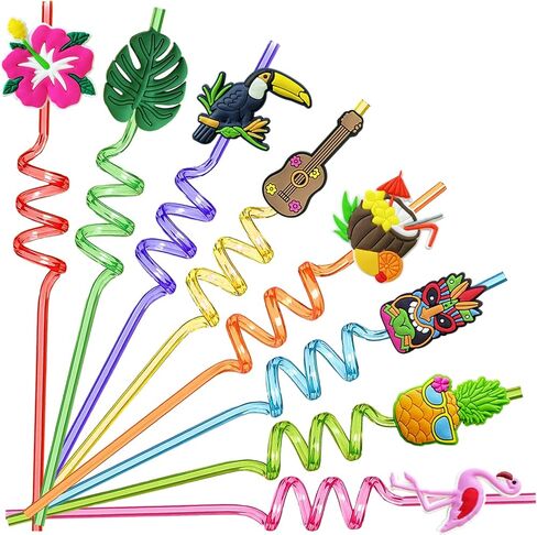 Hawaiian Luau Party Favor Drinking Straws (24 Pcs) Summer Beach Pool Birthday Party Supplies Reusable Plastic Drink Straw for Tropical Luau Party (2 Pcs Cleaning Brushes inside)… in Saudi Arabia