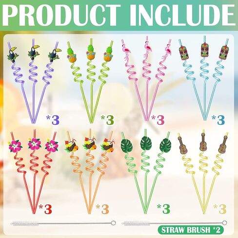 Hawaiian Luau Party Favor Drinking Straws (24 Pcs) Summer Beach Pool Birthday Party Supplies Reusable Plastic Drink Straw for Tropical Luau Party (2 Pcs Cleaning Brushes inside)… in Saudi Arabia