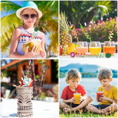 Hawaiian Luau Party Favor Drinking Straws (24 Pcs) Summer Beach Pool Birthday Party Supplies Reusable Plastic Drink Straw for Tropical Luau Party (2 Pcs Cleaning Brushes inside)… in Saudi Arabia