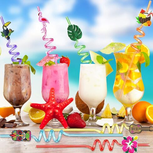 Hawaiian Luau Party Favor Drinking Straws (24 Pcs) Summer Beach Pool Birthday Party Supplies Reusable Plastic Drink Straw for Tropical Luau Party (2 Pcs Cleaning Brushes inside)… in Saudi Arabia