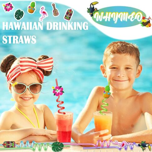 Hawaiian Luau Party Favor Drinking Straws (24 Pcs) Summer Beach Pool Birthday Party Supplies Reusable Plastic Drink Straw for Tropical Luau Party (2 Pcs Cleaning Brushes inside)… in Saudi Arabia