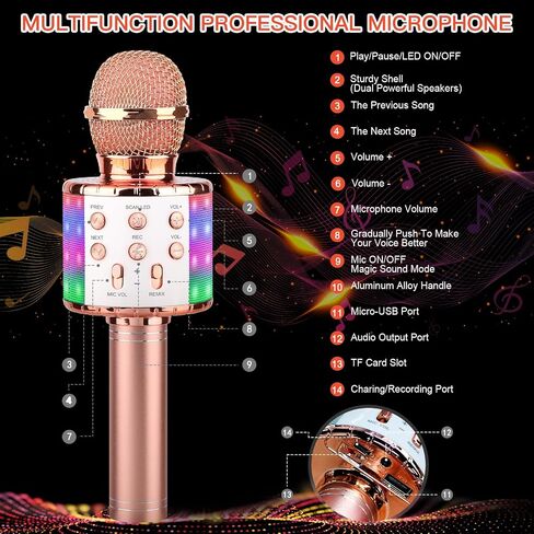 ShinePick Karaoke Microphone, 4 in 1 Wireless Microphone with LED Lights Handheld Portable Karaoke Machine, Home KTV Player, Compatible with Android & iOS Devices(Black) in Kuwait