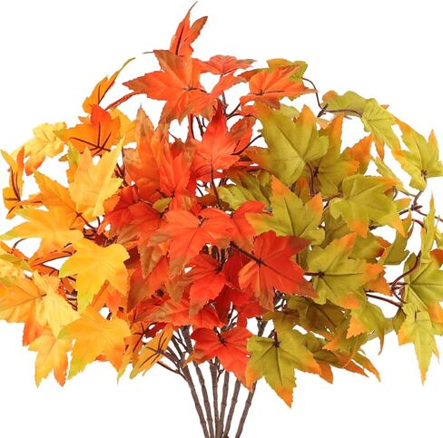 Fall Stems with Maple Leaves, Fall Decor Indoor in Vase, Artificial 6Pcs Fake Leaf Branches Decoration, Green Yellow Orange-red Faux Foliage for Home Kitchen Farmhouse Thanksgiving Harvest Fireplace in Saudi Arabia