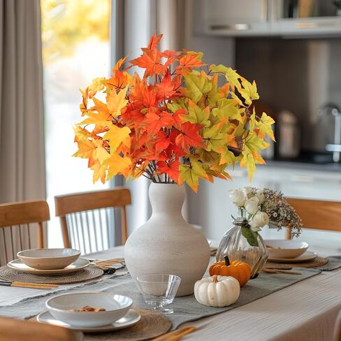 Fall Stems with Maple Leaves, Fall Decor Indoor in Vase, Artificial 6Pcs Fake Leaf Branches Decoration, Green Yellow Orange-red Faux Foliage for Home Kitchen Farmhouse Thanksgiving Harvest Fireplace in Saudi Arabia