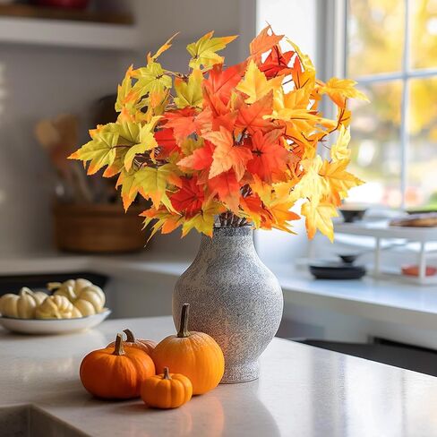 Fall Stems with Maple Leaves, Fall Decor Indoor in Vase, Artificial 6Pcs Fake Leaf Branches Decoration, Green Yellow Orange-red Faux Foliage for Home Kitchen Farmhouse Thanksgiving Harvest Fireplace in Saudi Arabia