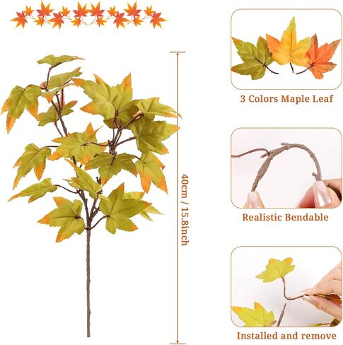 Fall Stems with Maple Leaves, Fall Decor Indoor in Vase, Artificial 6Pcs Fake Leaf Branches Decoration, Green Yellow Orange-red Faux Foliage for Home Kitchen Farmhouse Thanksgiving Harvest Fireplace in Saudi Arabia