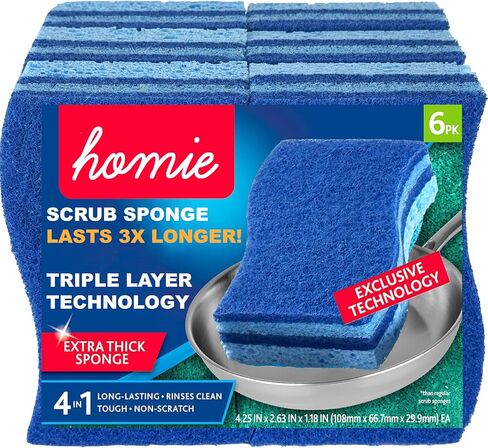 Homie 3X Longer Lasting Scrub Sponges, 3 Zero Scratch Kitchen Sponges for Washing Dishes and Cleaning The Kitchen and Bath, Non-Scratch Sponge Safe for Non-Stick Cookware in Saudi Arabia