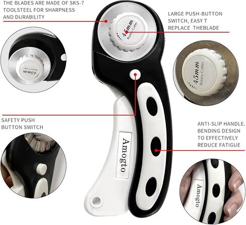 Amogto Rotary Cutter for Fabric, 45mm Fabric Cutter with 3pcs Rotary Cutter Blades, Ergonomic Quilting Supplies Tool for Leather, Crafting, Sewing, Quilting, Fabric Cutter Wheel for Left & Right Hand in Kuwait