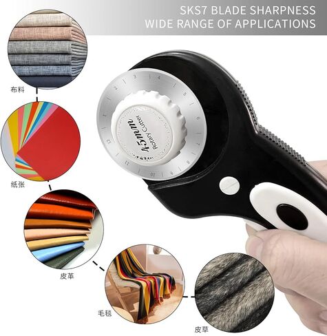 Amogto Rotary Cutter for Fabric, 45mm Fabric Cutter with 3pcs Rotary Cutter Blades, Ergonomic Quilting Supplies Tool for Leather, Crafting, Sewing, Quilting, Fabric Cutter Wheel for Left & Right Hand in Kuwait