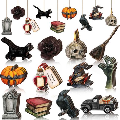 Maitys 36 Pcs Halloween Wood Ornaments for Tree Vintage Halloween Decorations Skull Cat Pumpkin Hanging Signs Witch Hat Halloween Wood Cutouts Gothic Halloween Decor for Home Christmas Tree in Saudi Arabia