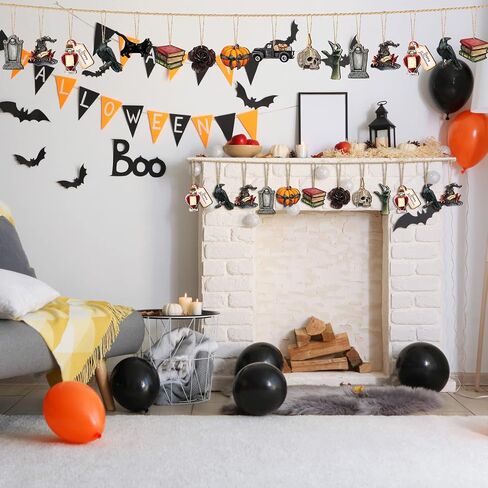 Maitys 36 Pcs Halloween Wood Ornaments for Tree Vintage Halloween Decorations Skull Cat Pumpkin Hanging Signs Witch Hat Halloween Wood Cutouts Gothic Halloween Decor for Home Christmas Tree in Saudi Arabia