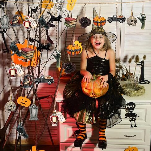 Maitys 36 Pcs Halloween Wood Ornaments for Tree Vintage Halloween Decorations Skull Cat Pumpkin Hanging Signs Witch Hat Halloween Wood Cutouts Gothic Halloween Decor for Home Christmas Tree in Saudi Arabia