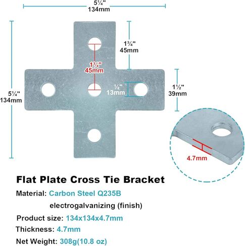 6 قطع من الألواح المتقاطعة ذات 5 فتحات لقناة مفردة مقاس 1-5/8 بوصة، تجهيزات ألواح مسطحة مجلفنة كهربائيًا بأربعة اتجاهات، تناسب مسمار مقاس 1/2 بوصة، سمك 4.7 مم، فولاذ كربوني in Kuwait