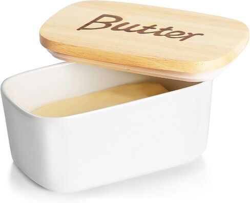 Ceramics Butter Dish with Wooden Lid- Large Covered Butter Holder for Countertop, Butter Keeper Container Perfect for Holds 2X 4oz West/East Coast Butter, White in Kuwait