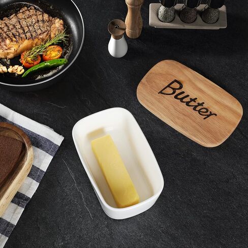 Ceramics Butter Dish with Wooden Lid- Large Covered Butter Holder for Countertop, Butter Keeper Container Perfect for Holds 2X 4oz West/East Coast Butter, White in Kuwait