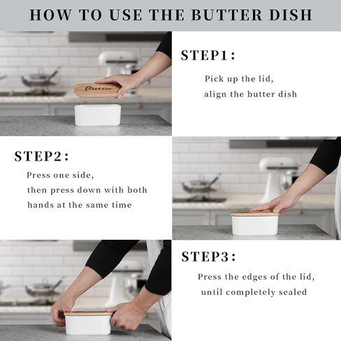 Ceramics Butter Dish with Wooden Lid- Large Covered Butter Holder for Countertop, Butter Keeper Container Perfect for Holds 2X 4oz West/East Coast Butter, White in Kuwait