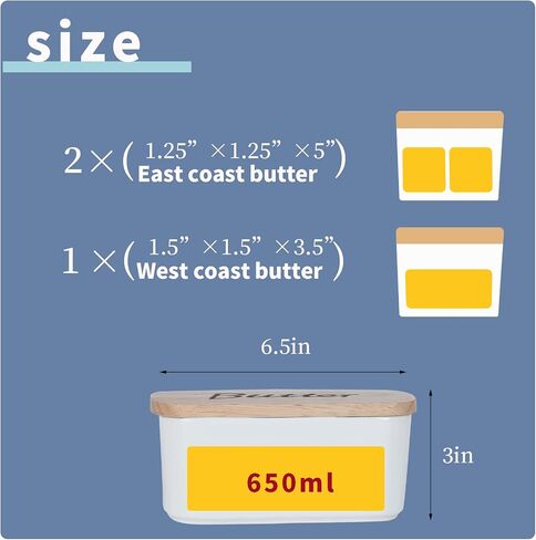 Ceramics Butter Dish with Wooden Lid- Large Covered Butter Holder for Countertop, Butter Keeper Container Perfect for Holds 2X 4oz West/East Coast Butter, White in Kuwait