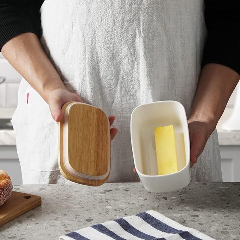 Ceramics Butter Dish with Wooden Lid- Large Covered Butter Holder for Countertop, Butter Keeper Container Perfect for Holds 2X 4oz West/East Coast Butter, White in Kuwait