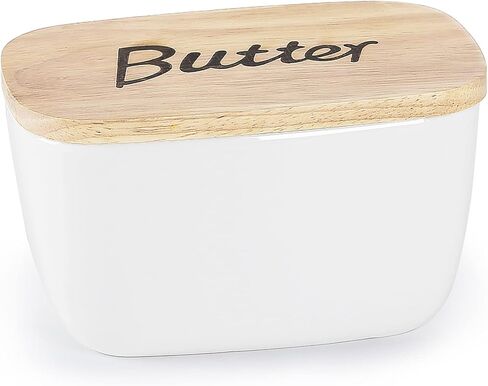 طبق زبدة سيراميك مع غطاء خشبي - حامل زبدة كبير مغطى للمنضدة، حاوية لحفظ الزبدة مثالية لحمل 2X 4oz زبدة الساحل الغربي/الشرقي، أبيض in Kuwait