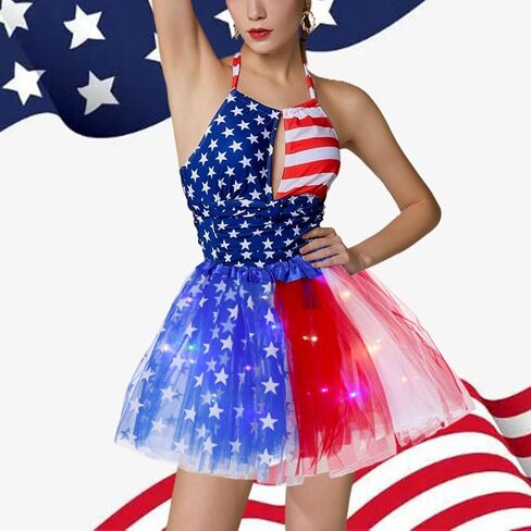 تنورة توتو مضيئة في الرابع من يوليو، تنورة توتو لامعة لعيد الاستقلال، تنورة رقص من التول بطبقات للنساء والفتيات in Kuwait