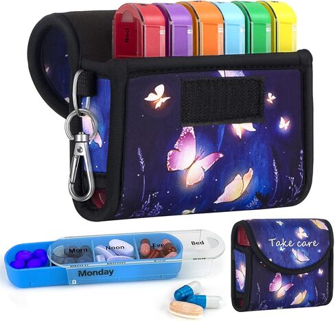bvya Pill Organizer Case, Weekly Travel Pill Case Medication Reminder Daily AM PM, Day Night 7 Compartments,for 4 Times A Day, 7 Days a Week-includes Printed Patterns Neoprene Carrying Case in Saudi Arabia