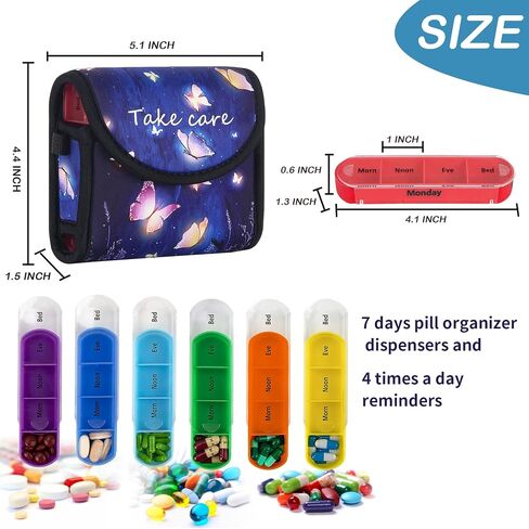 bvya Pill Organizer Case, Weekly Travel Pill Case Medication Reminder Daily AM PM, Day Night 7 Compartments,for 4 Times A Day, 7 Days a Week-includes Printed Patterns Neoprene Carrying Case in Saudi Arabia