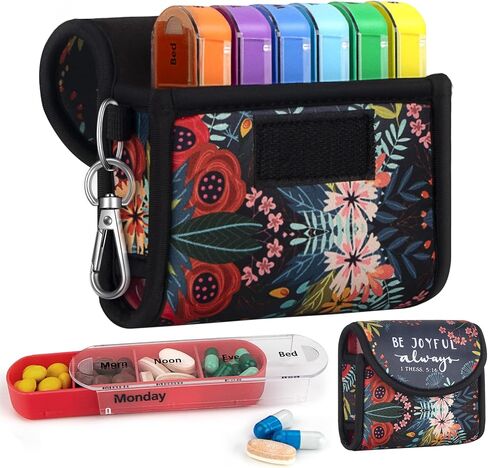 bvya Pill Organizer Case, Weekly Travel Pill Case Medication Reminder Daily AM PM, Day Night 7 Compartments,for 4 Times A Day, 7 Days a Week-includes Printed Patterns Neoprene Carrying Case in Saudi Arabia