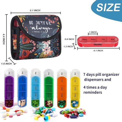 bvya Pill Organizer Case, Weekly Travel Pill Case Medication Reminder Daily AM PM, Day Night 7 Compartments,for 4 Times A Day, 7 Days a Week-includes Printed Patterns Neoprene Carrying Case in Saudi Arabia