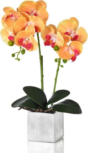 Artificial Potted Orchid Faux Phalaenopsis Silk Flowers Bonsai Realistic Arrangement in Silver Vase for Home Decoration Table Centerpiece, Orange in Saudi Arabia