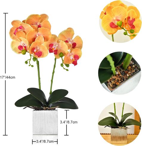 Artificial Potted Orchid Faux Phalaenopsis Silk Flowers Bonsai Realistic Arrangement in Silver Vase for Home Decoration Table Centerpiece, Orange in Saudi Arabia